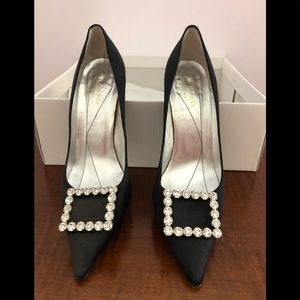 Kate Spade black satin heels with rhinestone trim